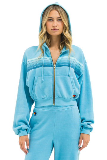 AVIATOR NATION 5 STRIPE CROPPED ZIP HOODIE RELAXED - AQUAMARINE/AQUA