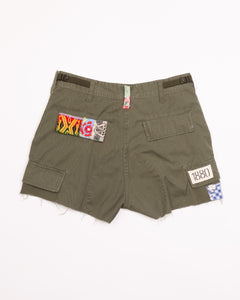 RILEY VINTAGE OLIVE TOTALLY PATCHED UP SHORTS ships in 2 weeks