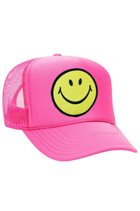 Aviator Nation Smiley Vintage Trucker Hat in Neon Pink