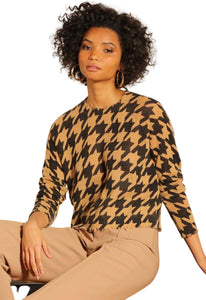 Minnie Rose Cashmere Houndstooth Frayed Cropped Crew