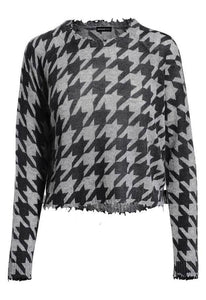 Minnie Rose Cashmere Houndstooth Frayed Cropped Crew