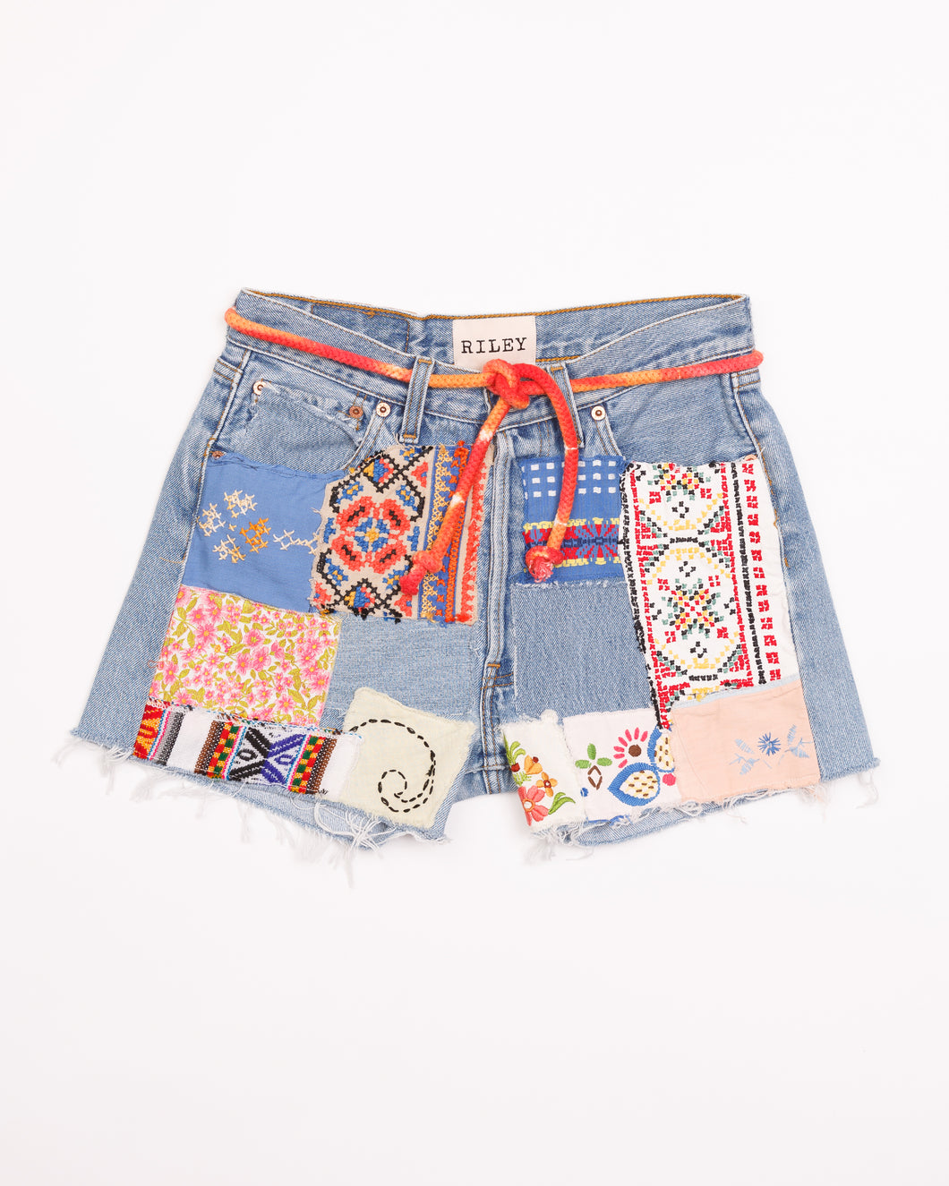 RILEY VINTAGE TOTALLY PATCHED UP DENIM CUT OFF SHORTS preorder ships in 2 weeks