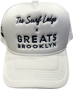 SINGER22 Exclusive SURF LODGE X GREATS BROOKLYN Collab WHITE TRUCKER HAT