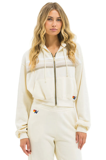 AVIATOR NATION 5 STRIPE CROPPED ZIP HOODIE RELAXED - VINTAGE WHITE/GREY