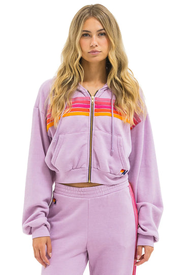 AVIATOR NATION 5 STRIPE CROPPED ZIP HOODIE RELAXED - MAUVE // MAGENTA ORANGE