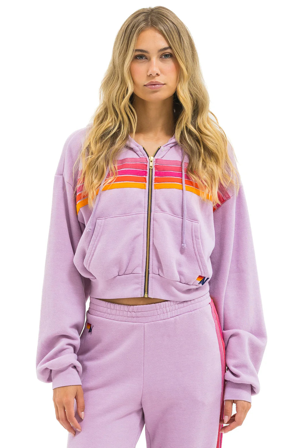AVIATOR NATION 5 STRIPE CROPPED ZIP HOODIE RELAXED - MAUVE // MAGENTA ORANGE