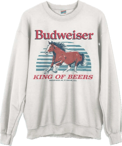 JUNKFOOD CLOTHINGUNISEX BUDWEISER CLYDESDALE FLEA MARKET CREW FLEECE SWEATSHIRT IN WHITE