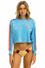 Load image into Gallery viewer, AVIATOR NATION BOLT EMBROIDERY CLASSIC CROPPED CREW SWEATSHIRT - SKY // NEON RAINBOW STRIPES