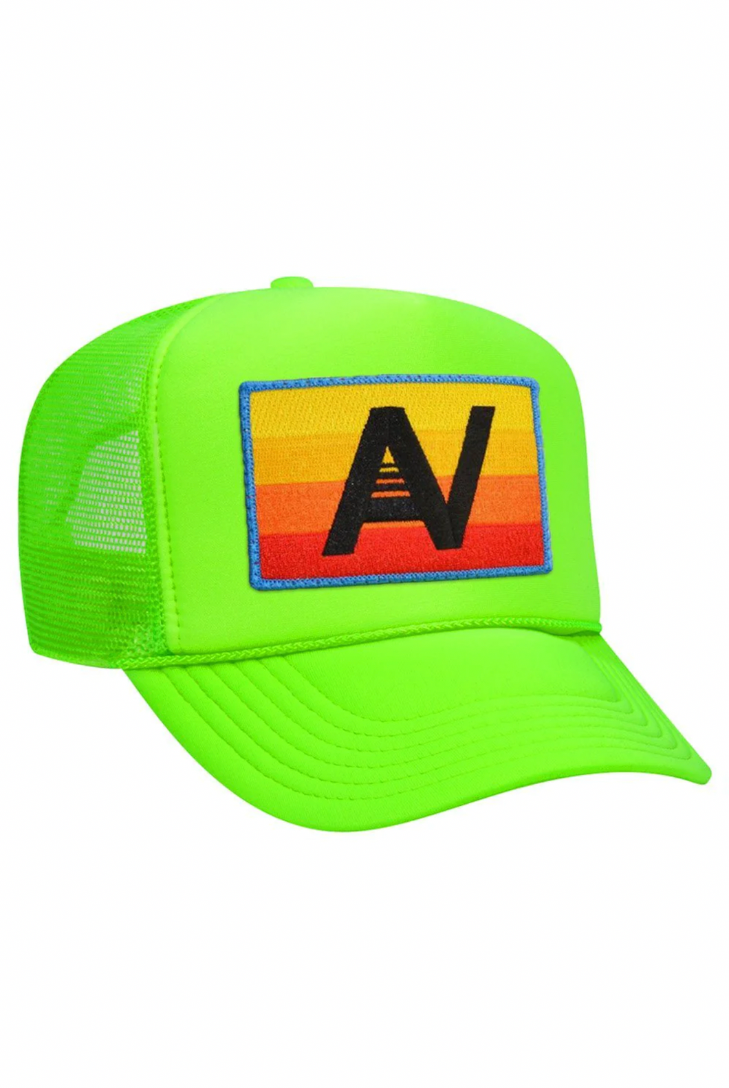 Aviator Nation Logo Rainbow Vintage Trucker Hat in Neon Green