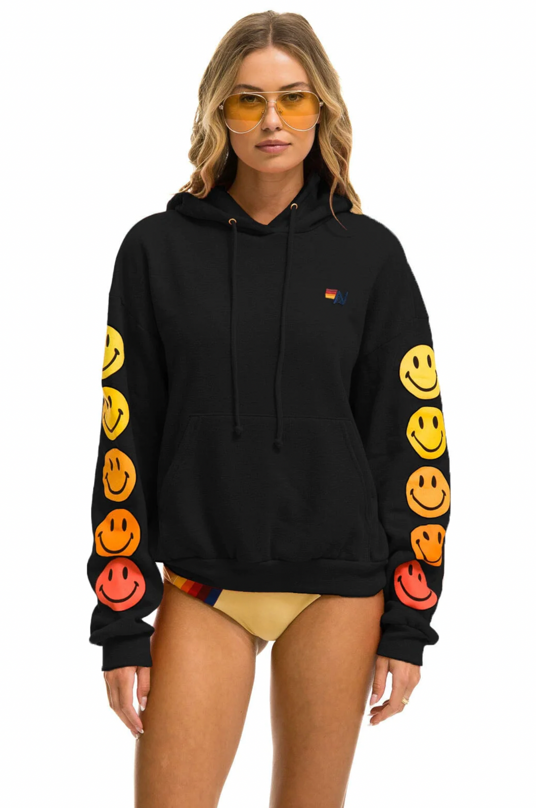 AVIATOR NATION SMILEY SUNSET UNISEX RELAXED PULLOVER HOODIE - BLACK