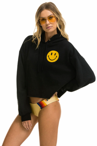AVIATOR NATION SMILEY 2 RELAXED CROPPED PULLOVER HOODIE - BLACK