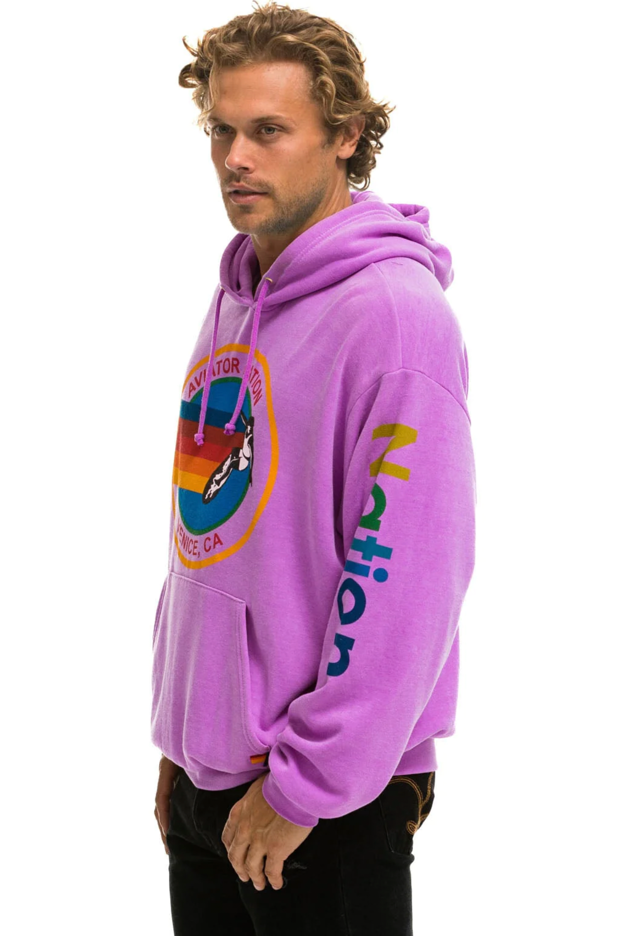 AVIATOR NATION UNISEX RELAXED PULLOVER HOODIE NEON PURPLE SINGER22