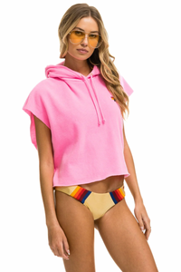 AVIATOR NATION LOGO EMBROIDERY SLEEVELESS RELAXED CROPPED PULLOVER HOODIE - NEON PINK