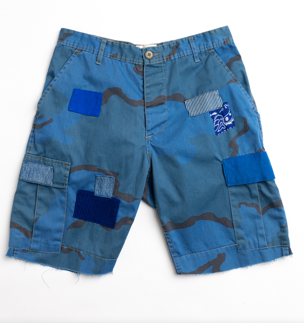 RILEY VINTAGE Cobalt Camo Cargo Shorts preorder ships in 2 weeks