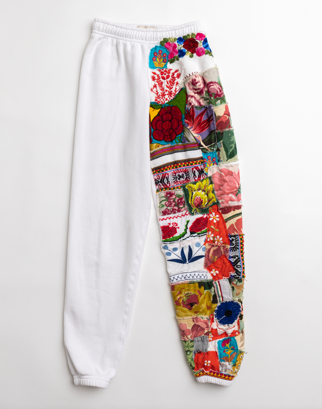 RILEY VINTAGE Totally Patched Up White Sweatpants PREORDER SHIPS WITHIN 2 WEEKS
