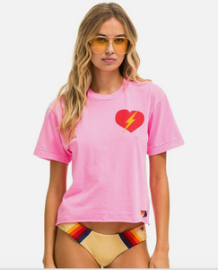 AVIATOR NATION BOLT HEART BOYFRIEND TEE - NEON PINK