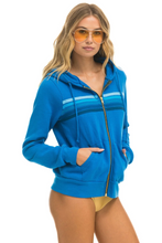 Load image into Gallery viewer, Aviator Nation 5 Stripe Zip Unisex Hoodie in NEON OCEAN // BLUE