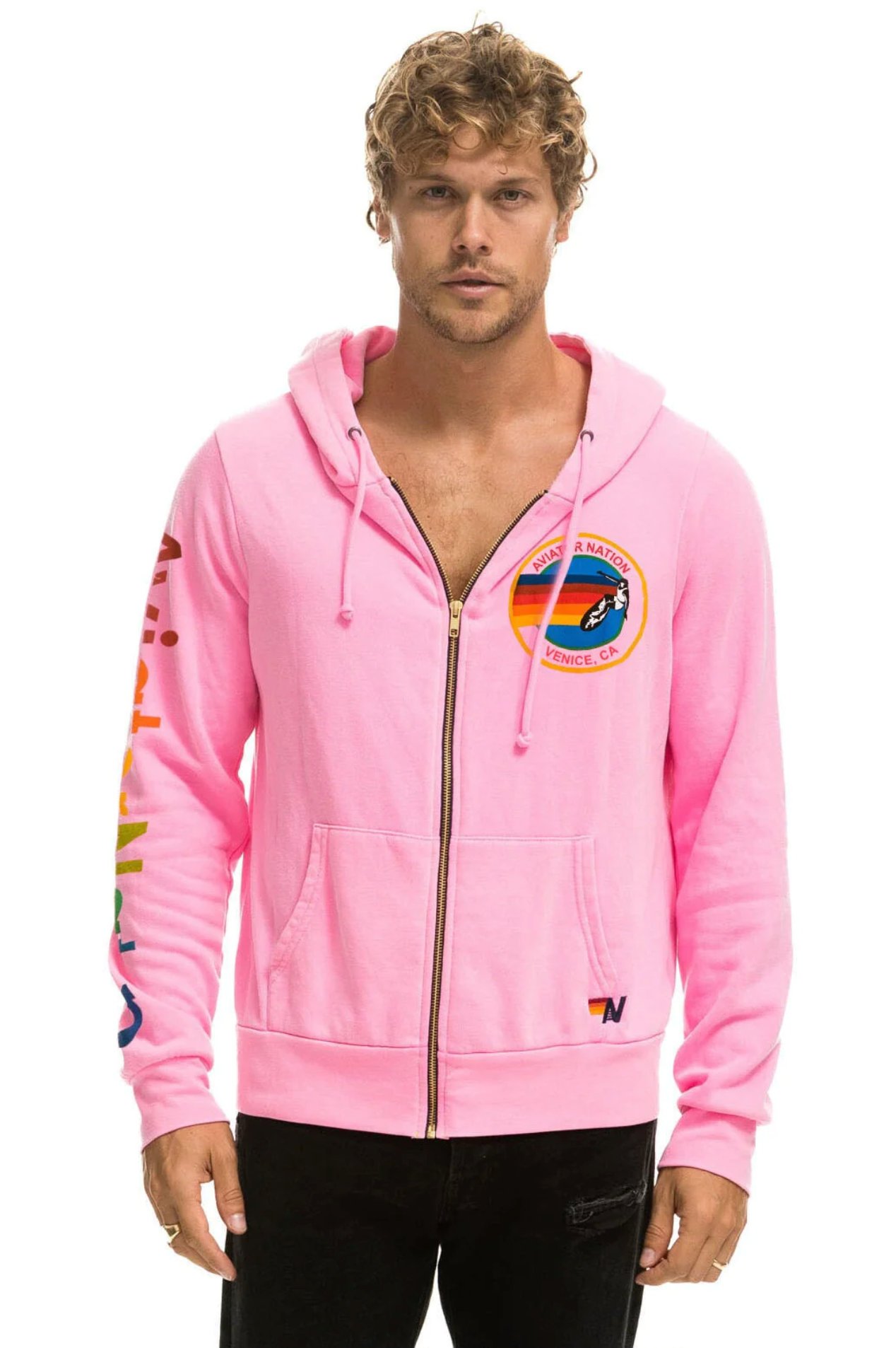 Aviator Nation Neon Zip Logo Unisex Hoodie in Neon Pink SINGER22