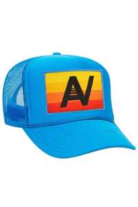 Aviator Nation Logo Rainbow Vintage Trucker Hat in NEON BLUE
