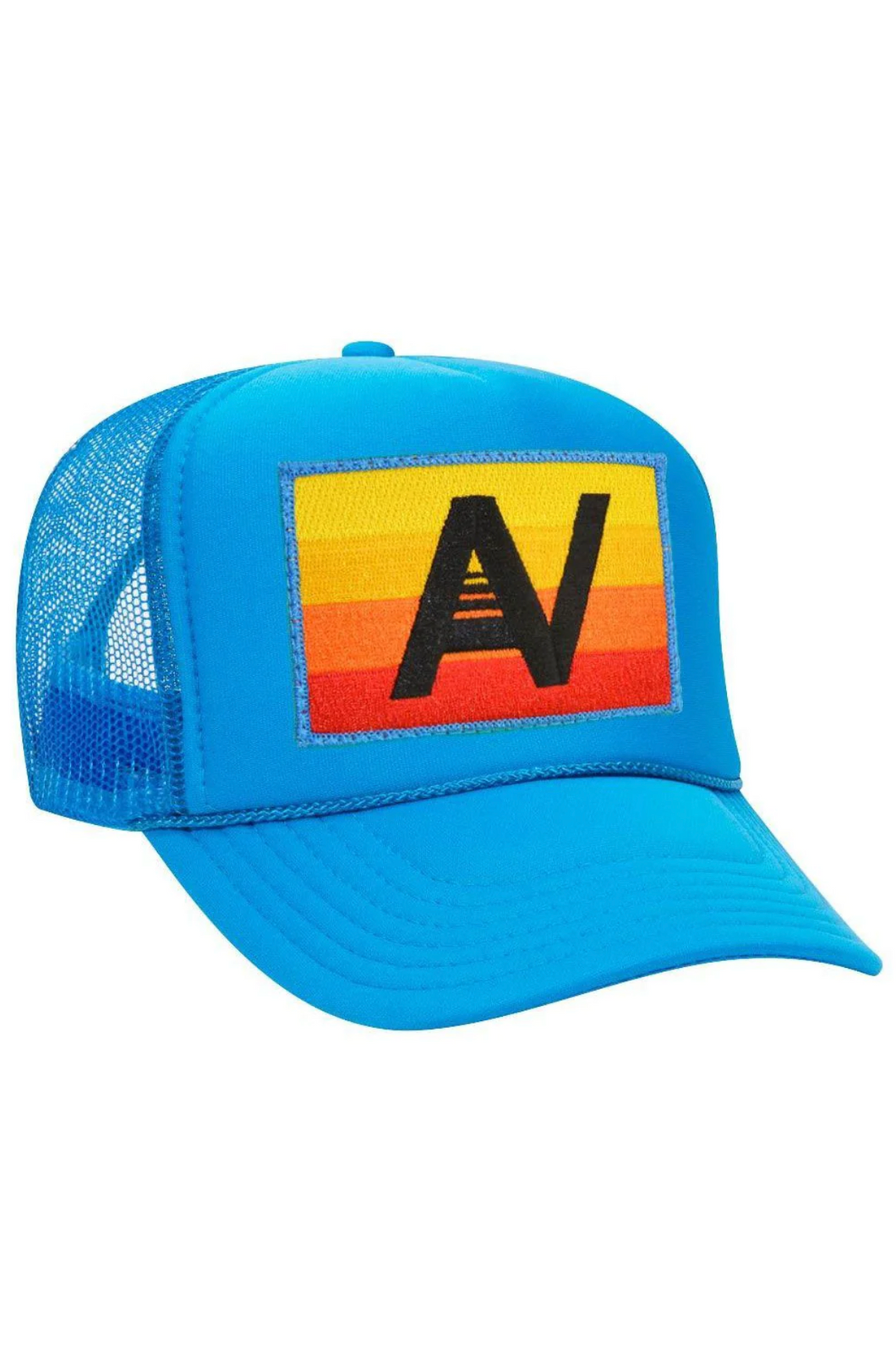 Aviator Nation Logo Rainbow Vintage Trucker Hat in NEON BLUE