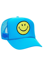 Load image into Gallery viewer, Aviator Nation Smiley Vintage Trucker Hat in Neon BLUE