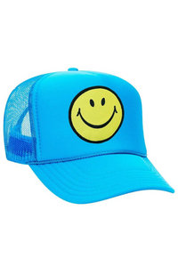 Aviator Nation Smiley Vintage Trucker Hat in Neon BLUE