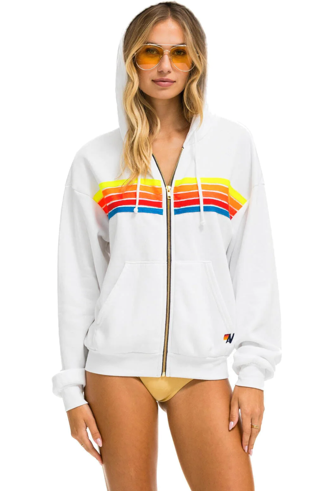 5 STRIPE RELAXED ZIP HOODIE - NEON PINK // NEON RAINBOW