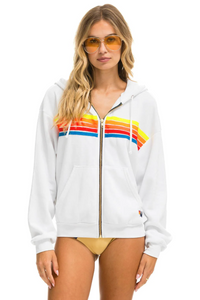 AVIATOR NATION UNISEX 5 STRIPE RELAXED ZIP HOODIE - WHITE/NEON RAINBOW