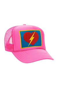 AVIATOR NATION VINTAGE BOLT HEART TRUCKER HAT IN NEON PINK