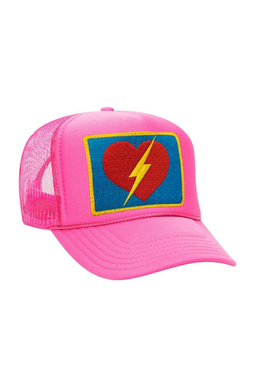 AVIATOR NATION VINTAGE BOLT HEART TRUCKER HAT IN NEON PINK