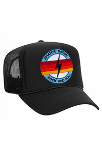 AVIATOR NATION ROCK AND ROLL BOLT VINTAGE TRUCKER HAT IN BLACK bi