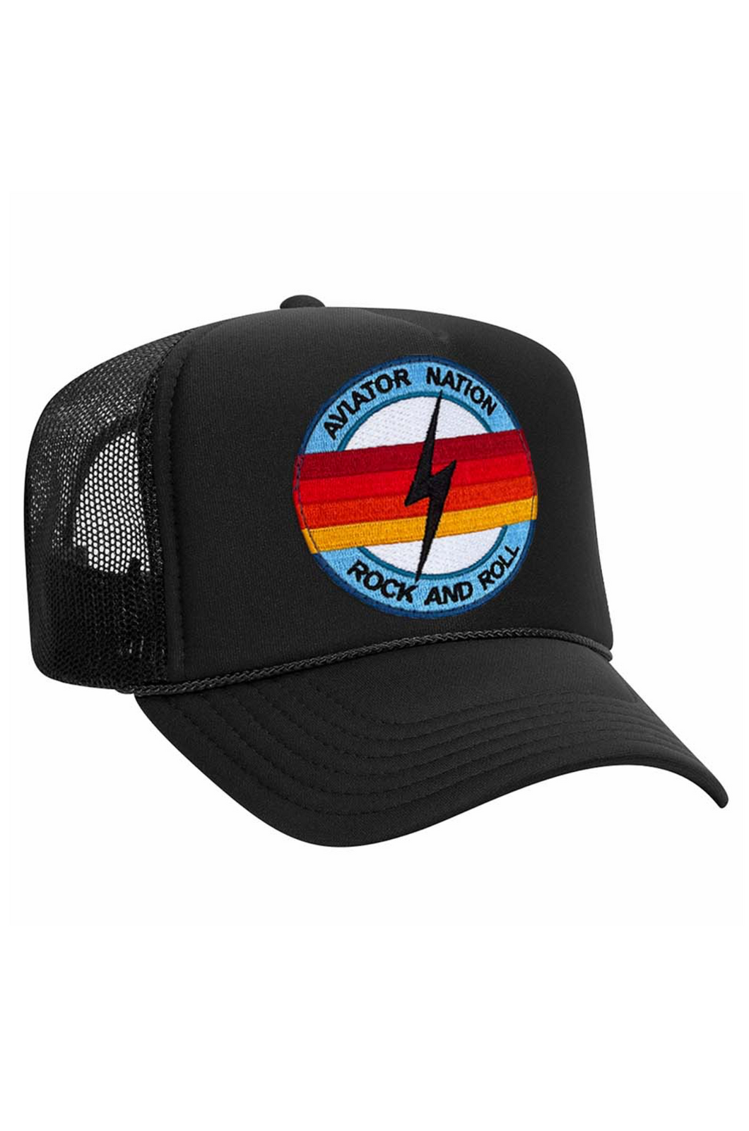 AVIATOR NATION ROCK AND ROLL BOLT VINTAGE TRUCKER HAT IN BLACK