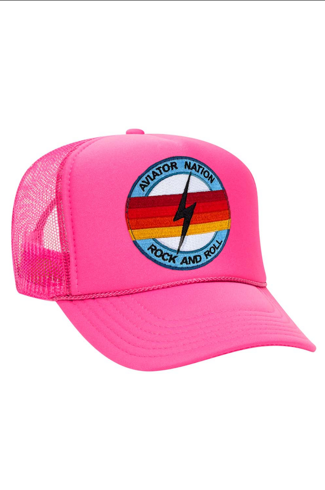 AVIATOR NATION ROCK AND ROLL BOLT VINTAGE TRUCKER HAT IN NEON PINK