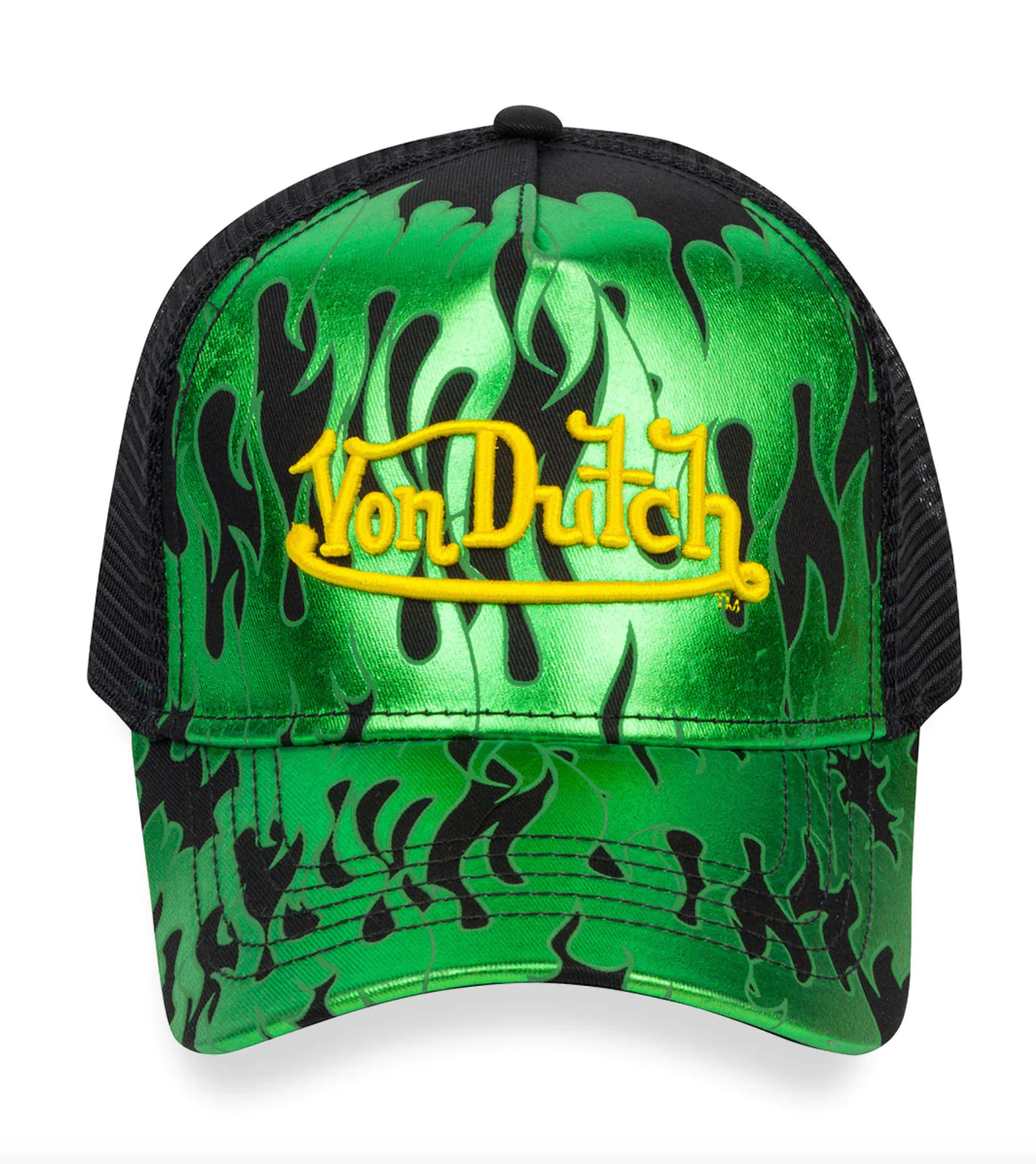 VON DUTCH CLASSIC BLACK GREEN FLAME TRUCKER HAT AS SEEN ON STEVE