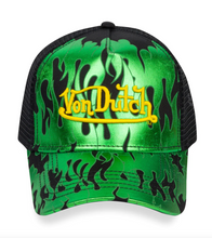 Load image into Gallery viewer, VON DUTCH CLASSIC BLACK &amp; GREEN FLAME TRUCKER HAT AS SEEN ON STEVE AOKI
