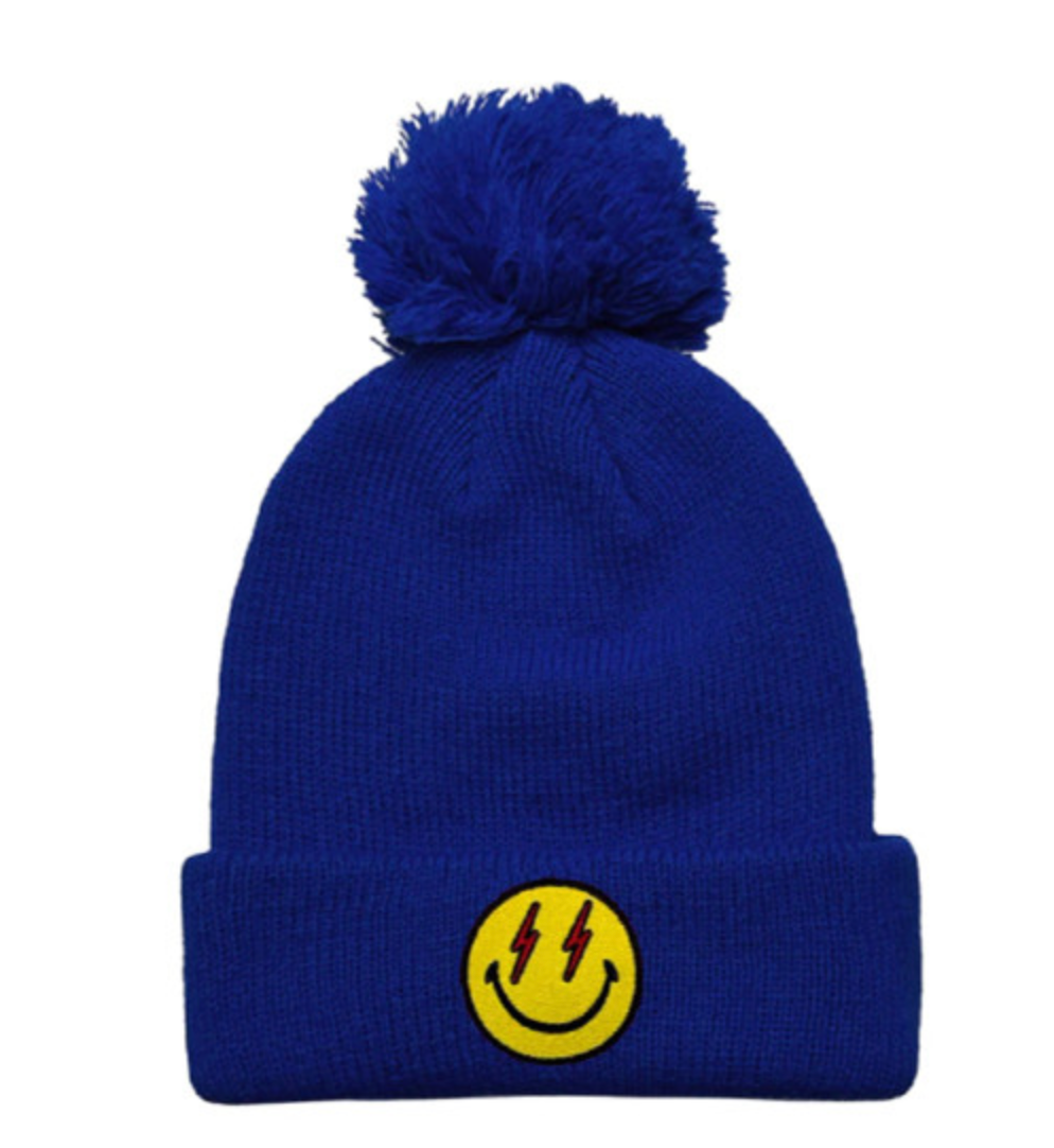 AVIATOR NATION BOLT SMILEY POM POM RIB BEANIE IN ROYAL BLUE