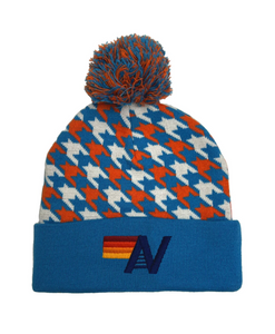 AVIATOR NATION LOGO POM POM HOUNDSTOOTH BEANIE IN BLUE/RED no