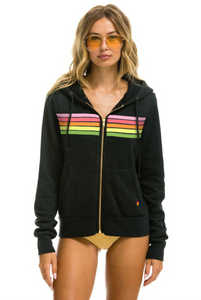 Aviator Nation 5 Stripe Zip Unisex Hoodie in CHARCOAL // PINK // GREEN