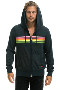 Aviator Nation 5 Stripe Zip Unisex Hoodie in CHARCOAL // PINK // GREEN