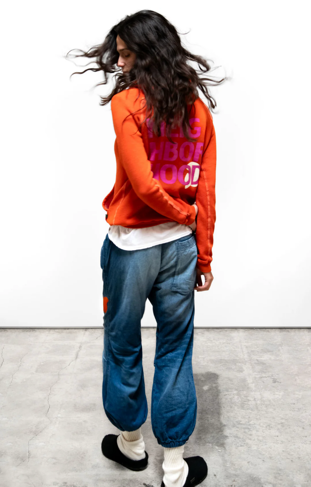 FREE CITY CIRCA'99 NEIGHBORHOOD LETSGO POLYBLEND FLUFF UNISEX HOODIE - orange machine