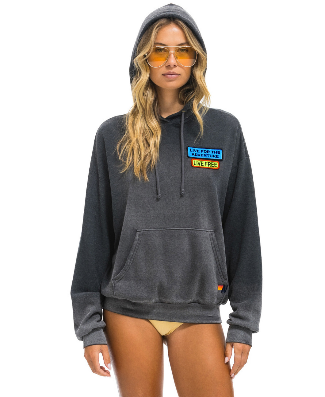 AVIATOR NATION UNISEX LIVE FREE + ADVENTURE PATCH PULLOVER RELAXED HOODIE - FADED SMOKE