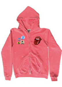 MADEWORN THE ROLLING STONES ZIP FLEECE HOODIE IN CHERRY