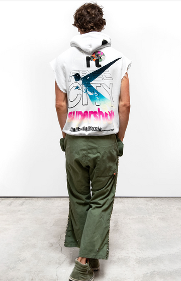 FREE CITY FCTYSUPERSHOP MALIBU HOMESTUD CUTOFF HOODIE IN LAUNDRY WHITES