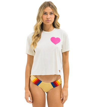 AVIATOR NATION HEART PRINT  BOYFRIEND TEE -VINTAGE WHITE/NEON PINK