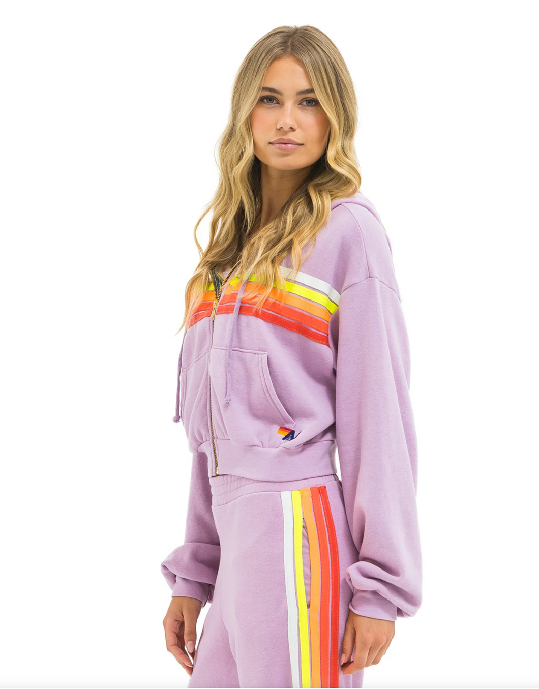 AVIATOR NATION 5 STRIPE CROPPED ZIP HOODIE RELAXED - MAUVE // WHITE NEON