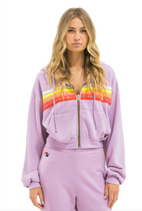 AVIATOR NATION 5 STRIPE CROPPED ZIP HOODIE RELAXED - MAUVE // WHITE NEON