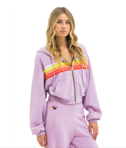 AVIATOR NATION 5 STRIPE CROPPED ZIP HOODIE RELAXED - MAUVE // WHITE NEON