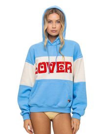 AVIATOR NATION LOVER EMBROIDERY COLOR BLOCK PULLOVER HOODIE RELAXED - SKY // VINTAGE WHITE
