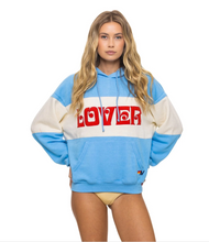 Load image into Gallery viewer, AVIATOR NATION LOVER EMBROIDERY COLOR BLOCK PULLOVER HOODIE RELAXED - SKY // VINTAGE WHITE