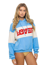 Load image into Gallery viewer, AVIATOR NATION LOVER EMBROIDERY COLOR BLOCK PULLOVER HOODIE RELAXED - SKY // VINTAGE WHITE